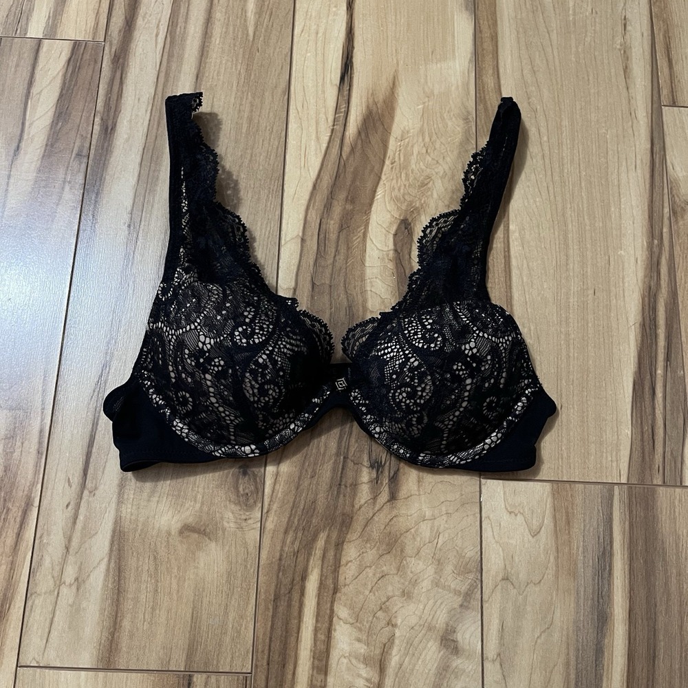 Thirdlove 24/7 Lace Contour Plunge Bra Size 30B Lined Underwire Black Blush